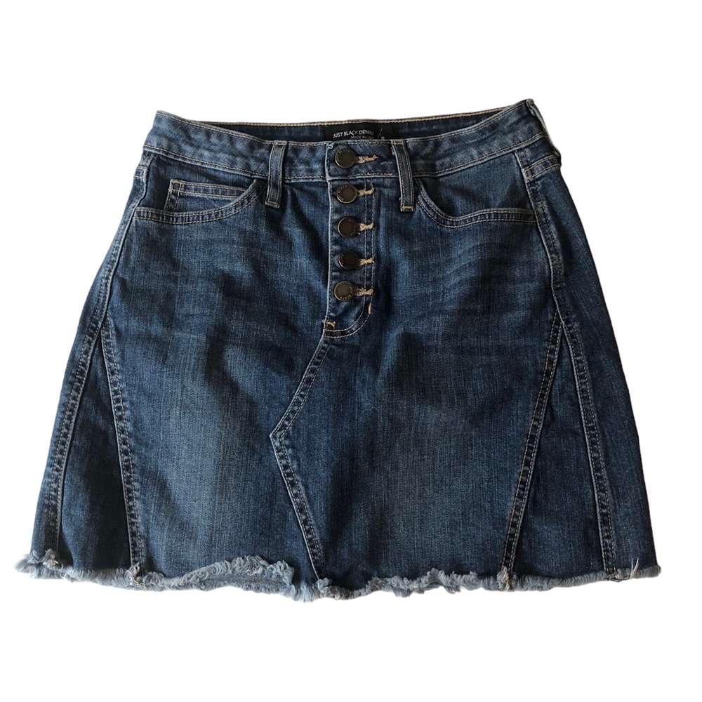 Just Black Denim Stretch Button Fly Raw Hem Mini Skirt - Picture 1 of 13